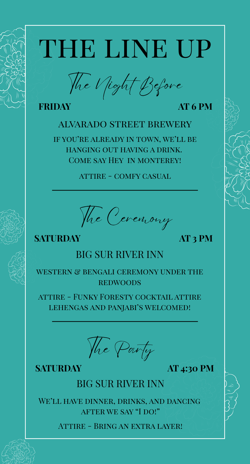 The Line Up - Wedding weekend itinerary